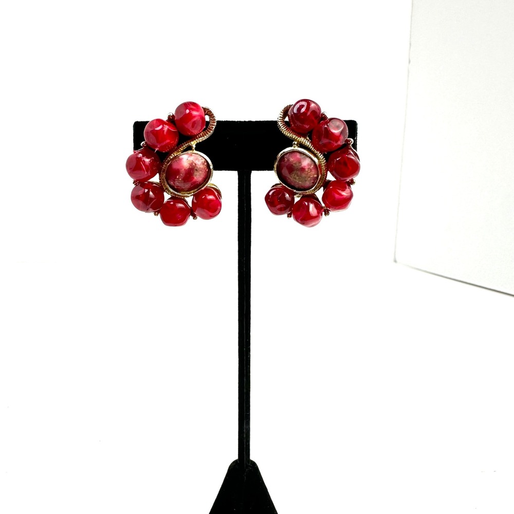Vintage MCM Cherry Red Lucite Cluster & Marbled Cabochon Clip-On Earrings Mod